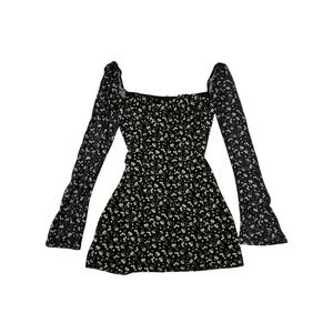 Princess Polly Black Floral Print Square Neck Long Sleeve Mini Dress Size 2